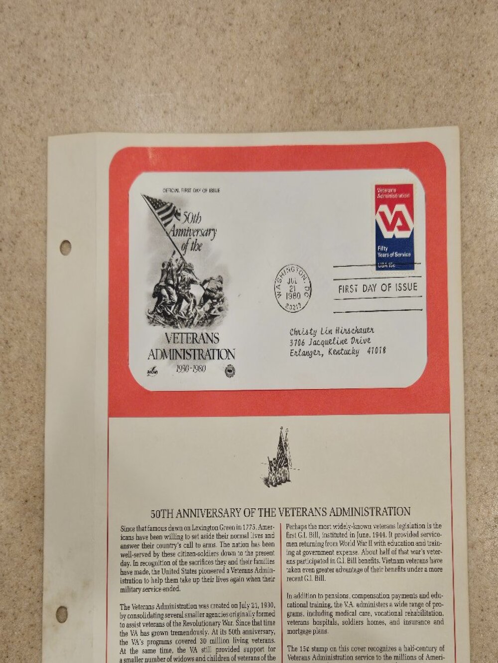 RARE COLLECTIBLE USPS 1ST DAY ISSUE COVER VETERANS ADMINISTRATION VA STAMP FDC